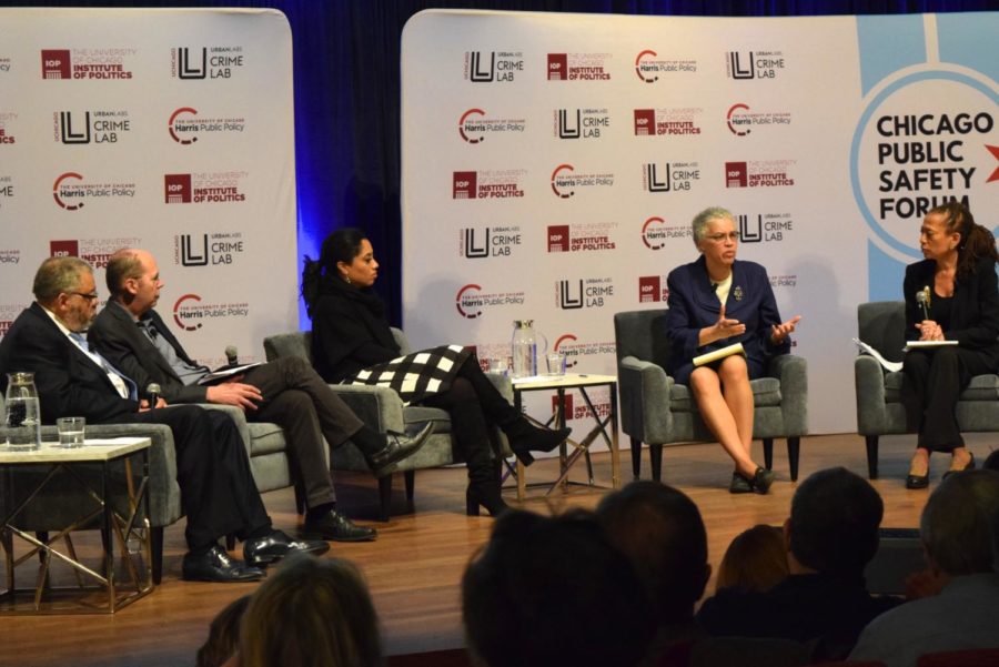Candidate Toni Preckwinkle speaks with moderator Laura Washington and a panel of experts at Wednesdays forum, held in the Logan Center.