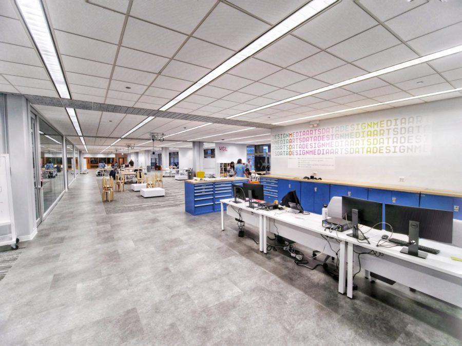 Work space in the Medial Arts, Data, and Design Center in Crerar Library.