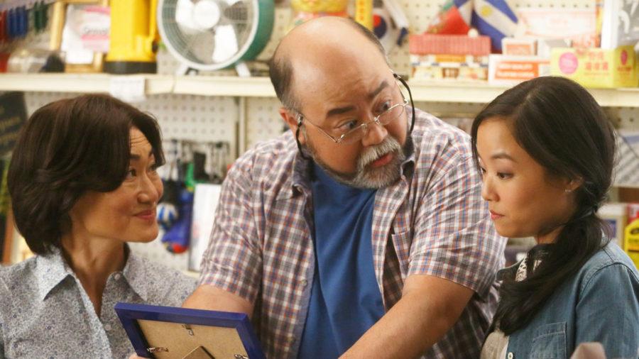 Mrs. Kim, Mr. Kim, and Janet Kim, played by Jean Yoon, Paul Sun-Hyung Lee, and Andrea Bang, respectively, deliberate in the eponymous, family-owned grocery store.