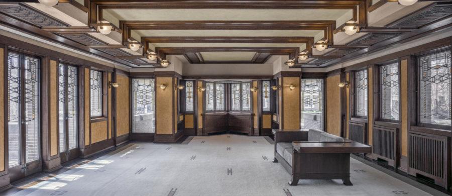 The interior of the Robie House was restored to its original state, and much of the furniture designed for the house by architect Frank Lloyd Wright was returned to the building.