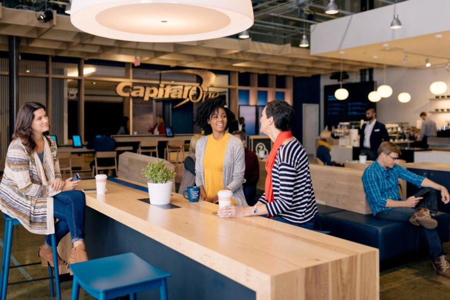 Capital One’s bank cafés sell Peet’s Coffee and offer free Wi-Fi.