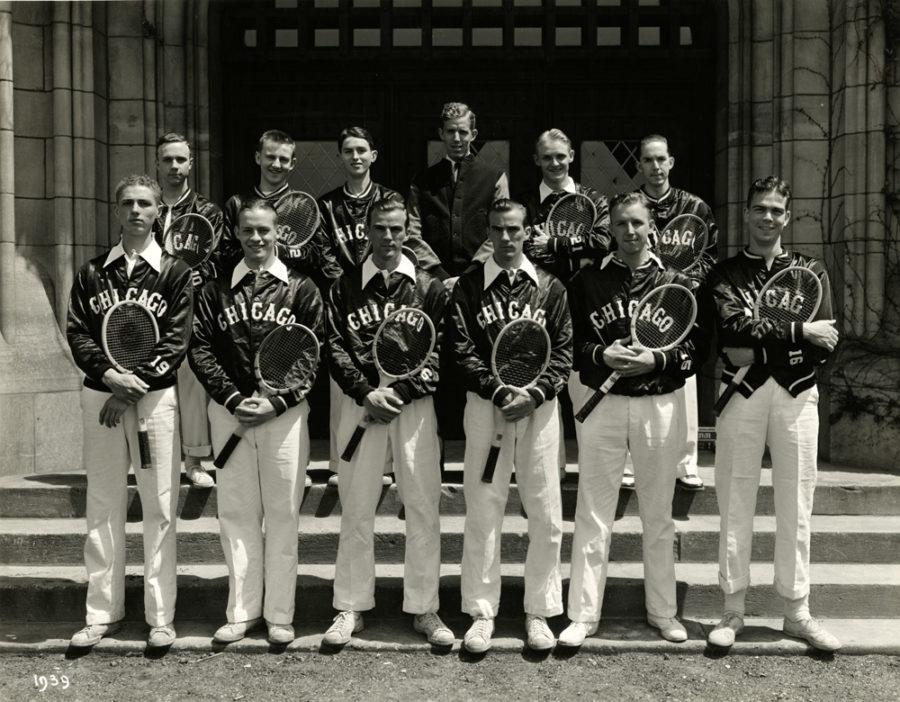 Stevens, second from the left on the second row, on the tennis team; photo taken in 1939