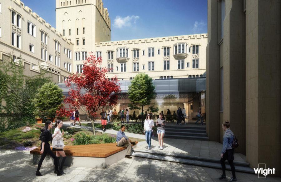A rendering of the courtyard in UChicagos new student wellness center.