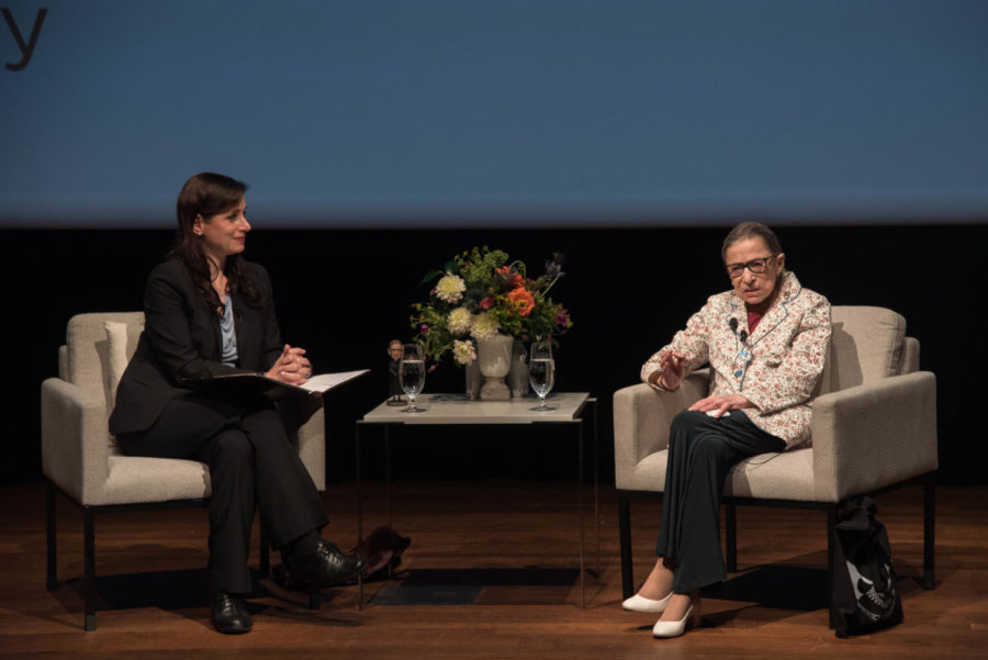 Supreme Court Justice Ruth Bader Ginsburg speaks with Katherine Baicker, dean of the Harris School of Public Policy, as part of her acceptance of the 2019 Harris Deans Award.