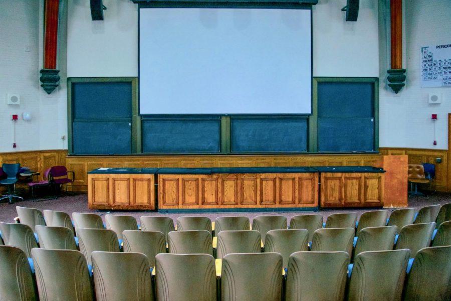 The largest lecture hall available to the chemistry department, Kent 120, does not have enough seats for the 300-plus students enrolled in Organic Chemistry.