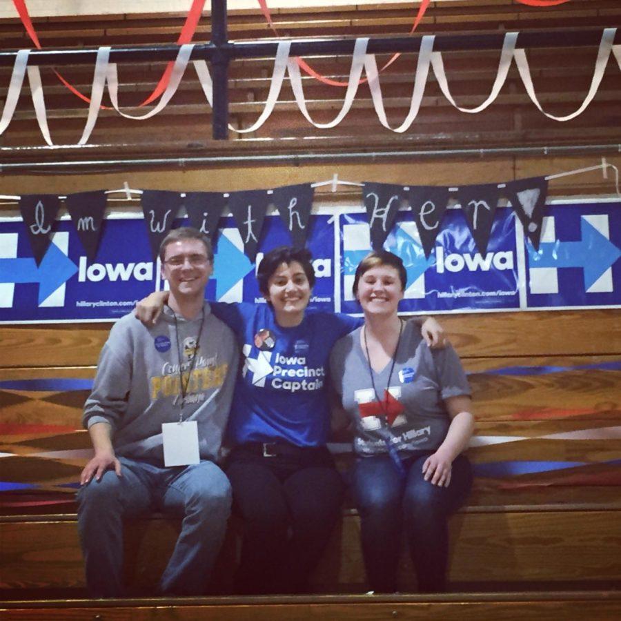 Hannah Gregor, right, and friends at a caucus in Iowa in 2016. Gregor is a graduate student coordinating a remote Iowa caucus at University Church in February 2020.