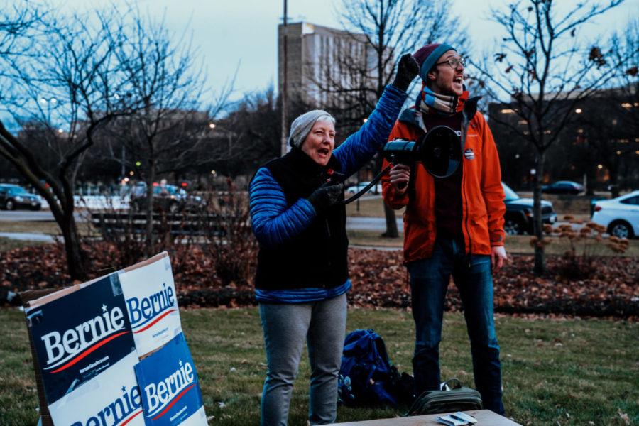 Maria Bell and James Skretta speak at a rally in support of presidential candidate Bernie Sanders.