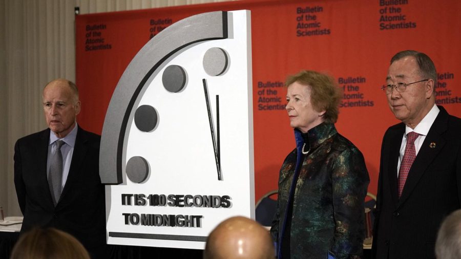 A photo of the Doomsday Clock being advanced during a Jan. 23rd, 2020 ceremony.