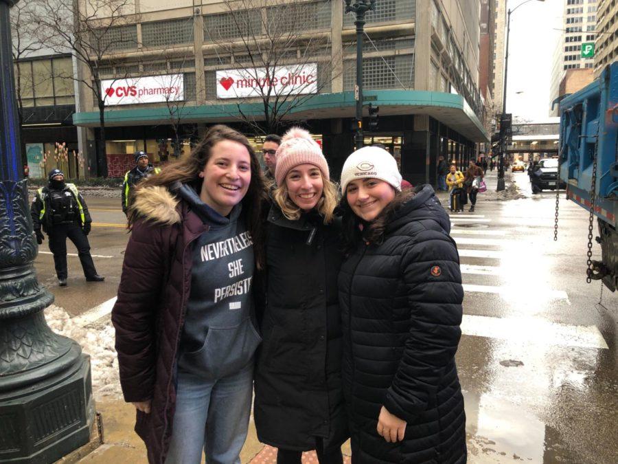 UChicago undergraduates Zoe Benjamin, Anya Edelstein, and Megan Bonnise at the 2020 Chicago Womens March