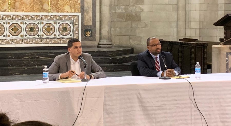 Incumbent+Robert+Peters+and+challenger+Ken+Thomas+at+a+13th+District+Candidate+Forum+on+Monday%2C+March+2%2C+2020.