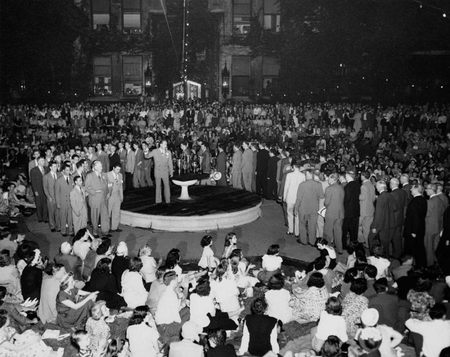 Fraternities and womens social club members gather on campus for the 1949 IF Sing.