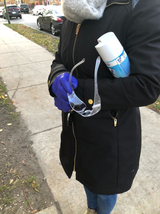 A voter at Cornerstone Baptist Church came armed with gloves, goggles, and Lysol spray to stay safe while casting her ballot.