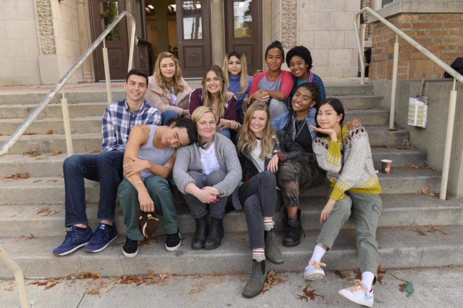 The cast of Moxie, starring Hadley Robinson (bottom row, center) as Vivian and Alycia Pascual-Peña as Lucy (bottom row, second from right).