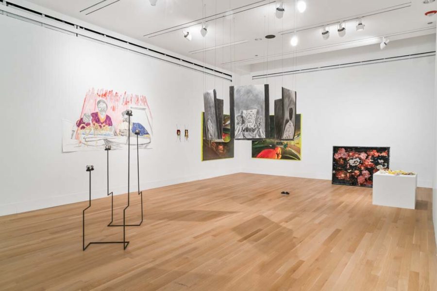 An installation view of youre muted at the Reva and David Logan Center for the Arts.
