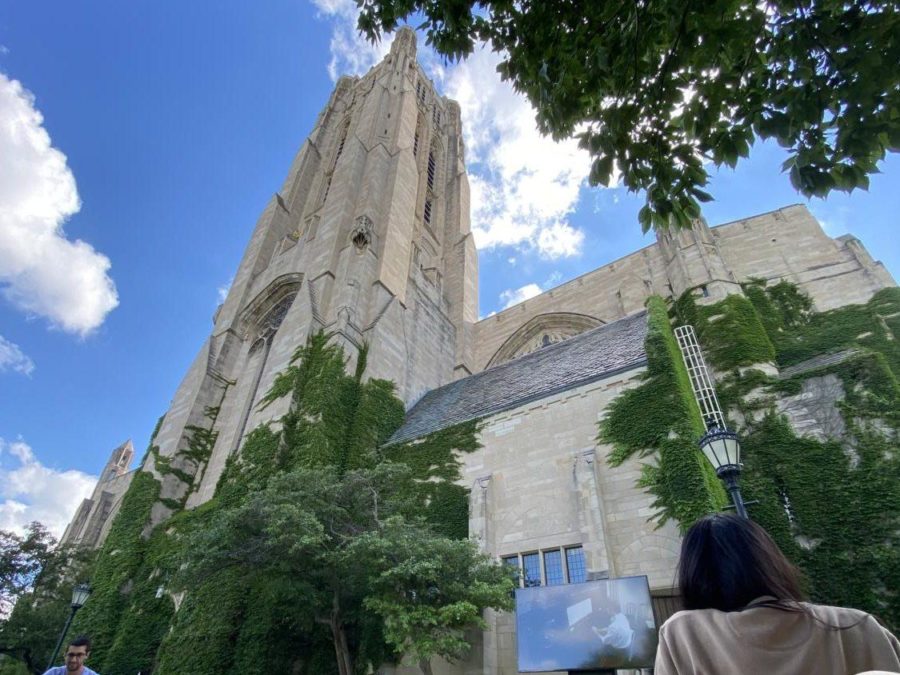 The+view+from+the+audience+at+a+Bells+of+Summer+concert+outside+Rockefeller+Chapel.