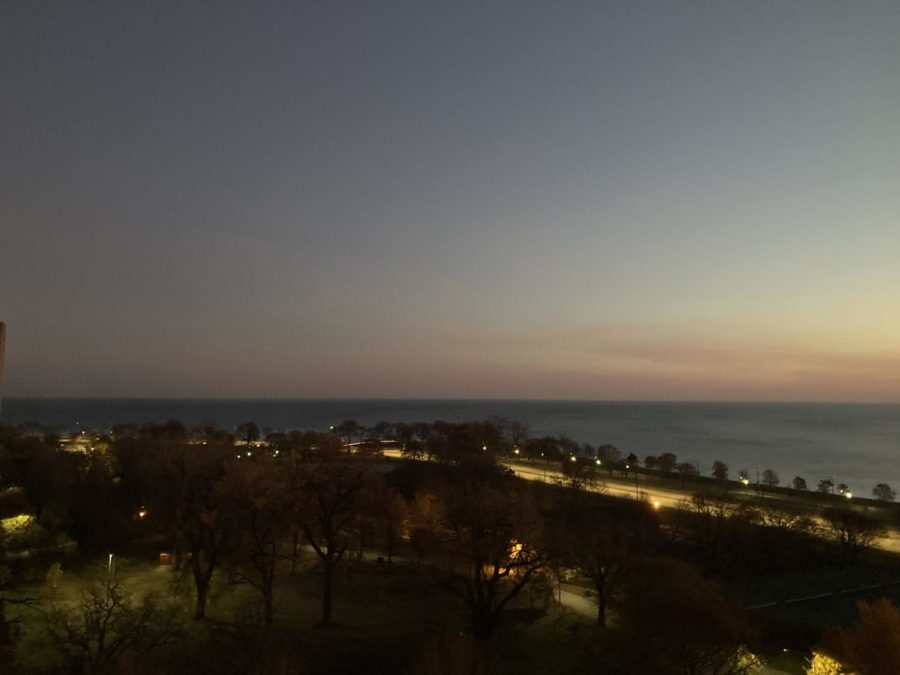 Overlooking Harold Washington Park and Lake Shore Drive at dawn.