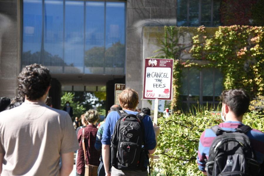 Graduate+students+and+supporters+protest+against+the+Student+Services+Fee+at+a+rally+on+October+19%2C+2021%2C+in+front+of+Levi+Hall.