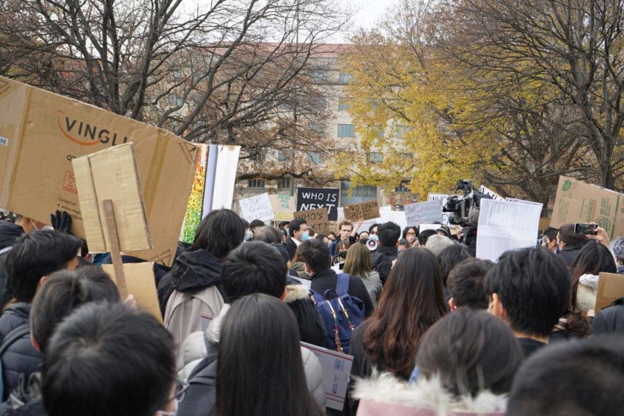 Students demonstrate on the quad in November 2021.