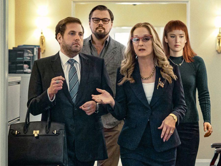 From left to right, Jonah Hill, Leonardo DiCaprio, Meryl Streep, and Jennifer Lawrence in Don’t Look Up.