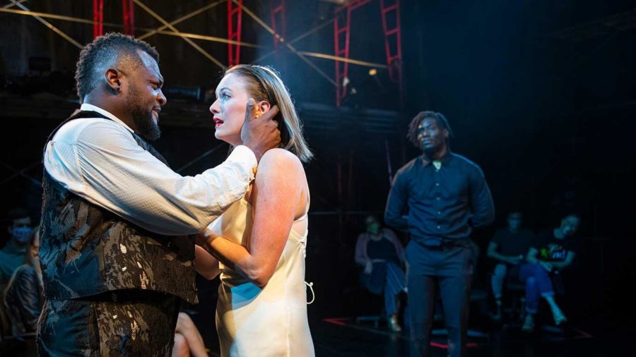 Kelvin Roston Jr. (Othello) and Amanda Drinkall (Desdemona) perform in Court Theatres recent production of The Tragedy of Othello, the Moor of Venice.
