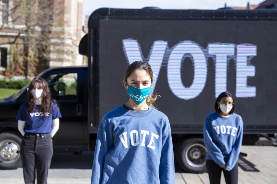 The student-led UChiVotes initiative collaborated with artist and alumna Jenny Holzer, EX’74, leading efforts to engage voters on campus.