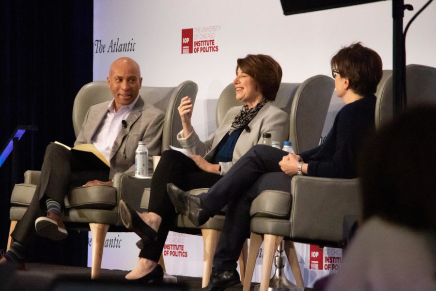 U.S.+Senator+Amy+Klobuchar+%28D%E2%80%93MN%29+and+former+Massachusetts+governor+Deval+Patrick+discuss+disinformation+on+the+Internet+in+a+panel+moderated+by+journalist+Kara+Swisher.