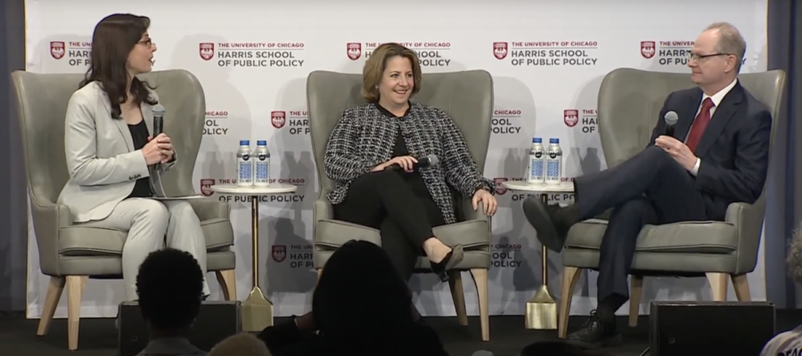 Lisa Monaco, Deputy Attorney General of the Department of Justice, and Paul Alivisatos, President of the University of Chicago, talked during the launch event in a fireside chat moderated by Dean of Harris School of Public Policy Kate Baicker.