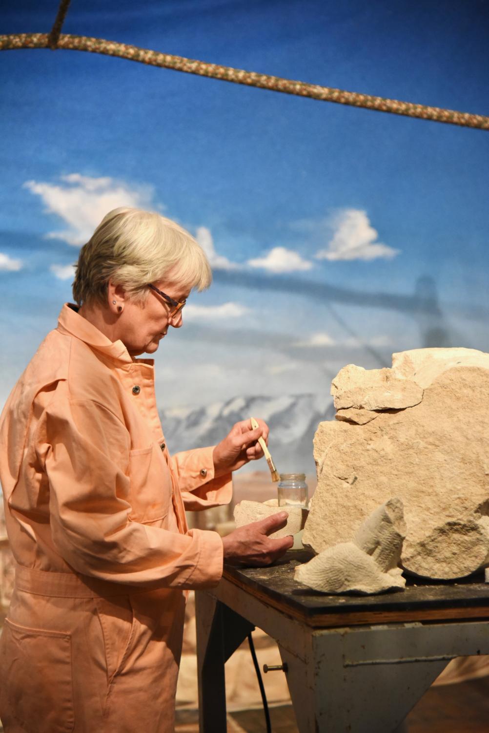 Builder Jane Foley is an accredited conservator who is restoring a sculpture which had been demolished in a previous act of Atlas Unlimited.