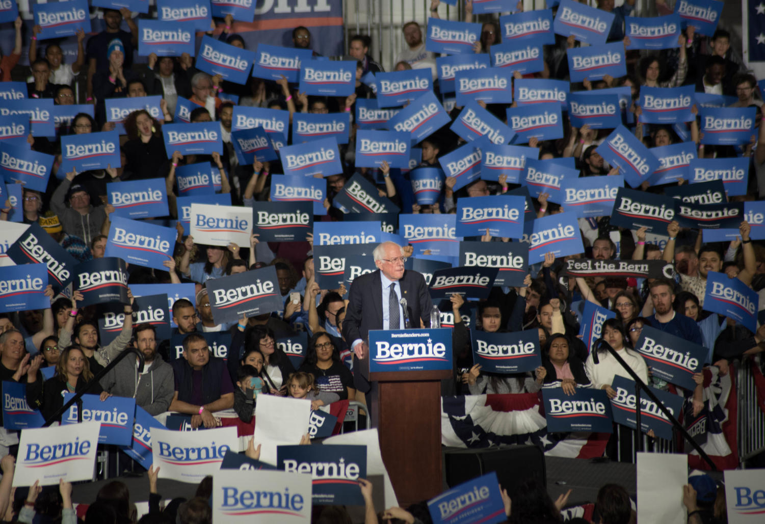 Sanders supporters at a rally hold 'Bernie' signs.