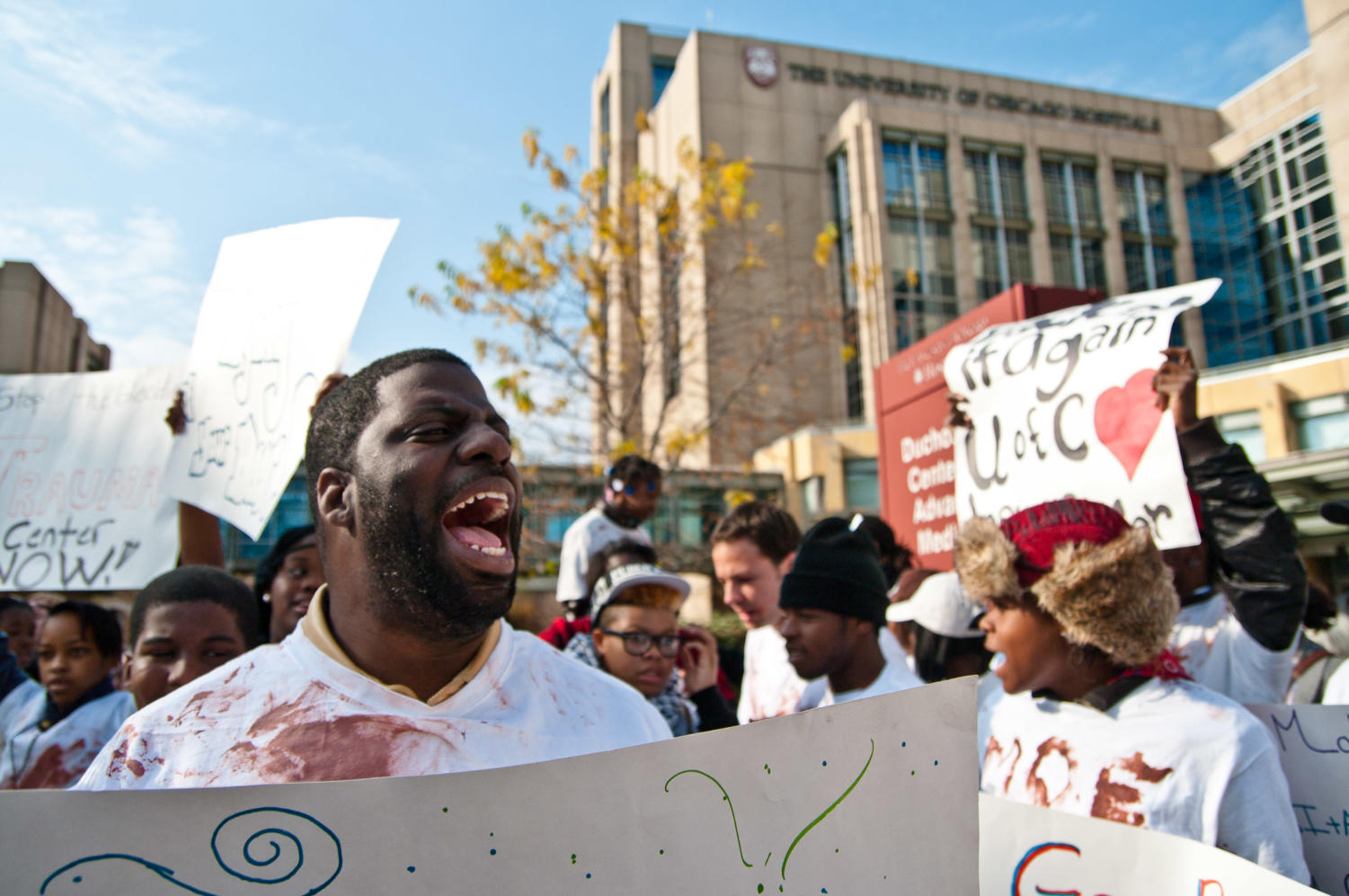 20th Ward Alderman candidate, Che Smith a.k.a. Rhymefest, participates in a protest that was organized by Fearless Leading by the Youth (FLY) Friday afternoon to call for the University of Chicago Hospital to open a trauma center.