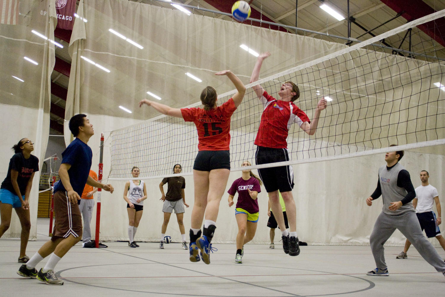 Holly Zacharchuk of Maclean house, spikes the ball towards Alper house in Monday night's semi-final volleyball game.  Maclean house would go on to play in the championship.