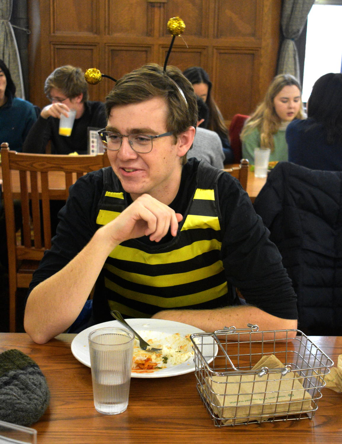 A student dressed as a bumble-bee at the Cathey Dining Commons.