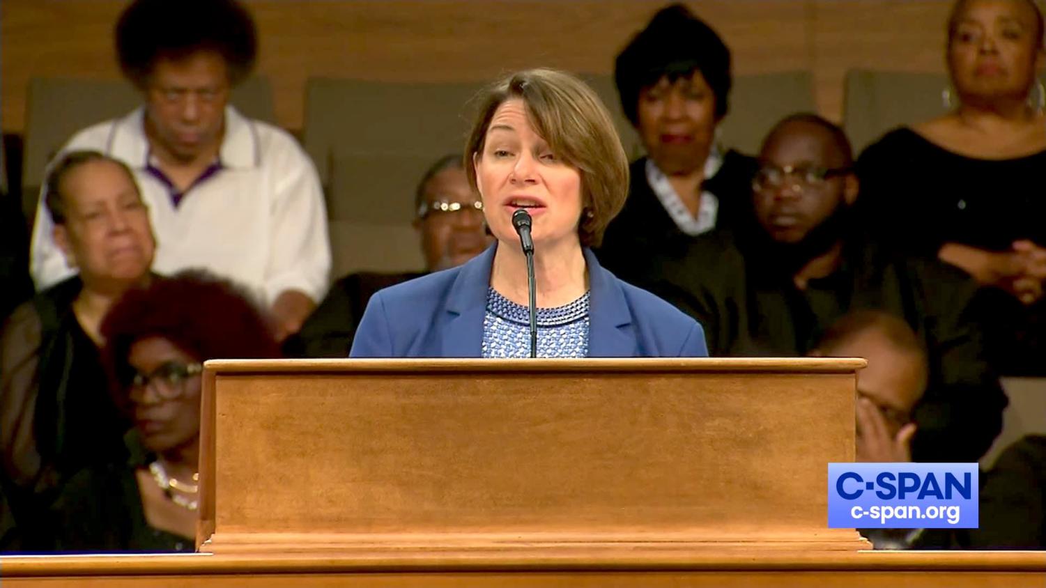 Amy Klobuchar (J.D. ’85) speaks at the Bronzeville-based Rainbow PUSH Coalition’s annual convention.