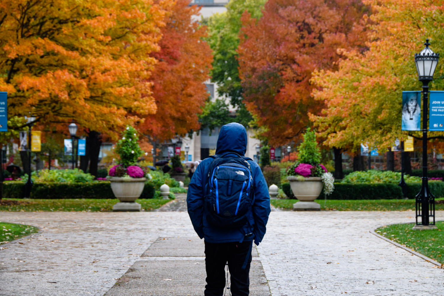 “Blue Can be a Fall Color Too:” Student clad in blue walks through the main quad on a rainy Fall day.
