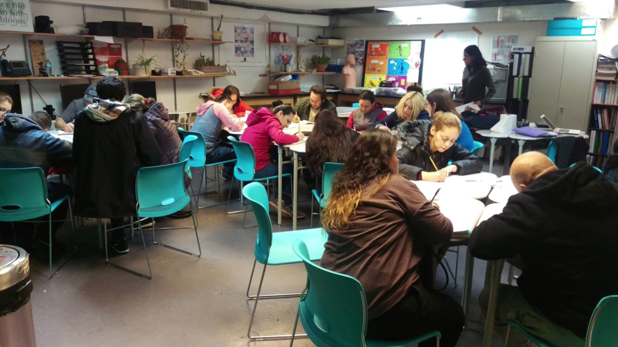 Students work all together, in groups, and individually during each class.
