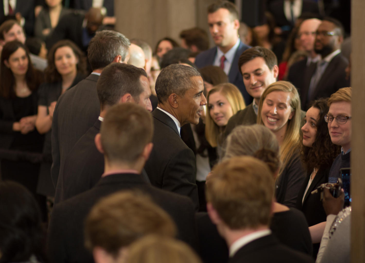 After the event, Obama shook hands with University of Chicago Law School students in the crowd. 