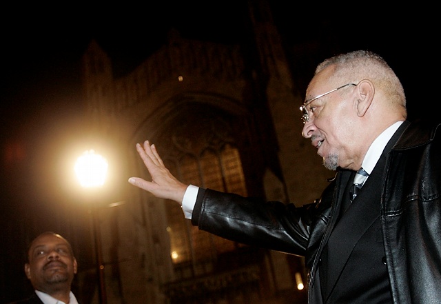 Rev. Jeremiah Wright leaves Rcokefeller Chapel on Tuesday night after delivering a lecture for the Workshop on Race and Religion.