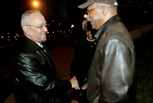 Rev. Jeremiah Wright leaves Rcokefeller Chapel on Tuesday night after delivering a lecture for the Workshop on Race and Religion.