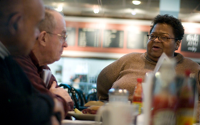 Carlos Drazen, a member of the Hyde Park Caf Society, engages in a conversation with fellow members Bill Browning and Leo Herzenberg at the Society's weekly Thursday meeting in Valois Cafeteria. The Caf Society seeks to bring about greater media literacy and more informed citizens through weekly discussions stimulated by current issues.