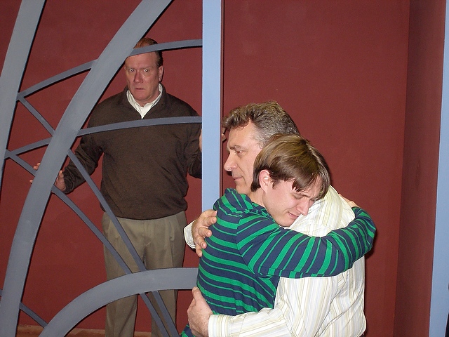 Karl Potthoff (Ross), Andrew Jessop (Billy), and Michael Colucci (Martin) enact a family drama in Redtwist Theatre's production of 
