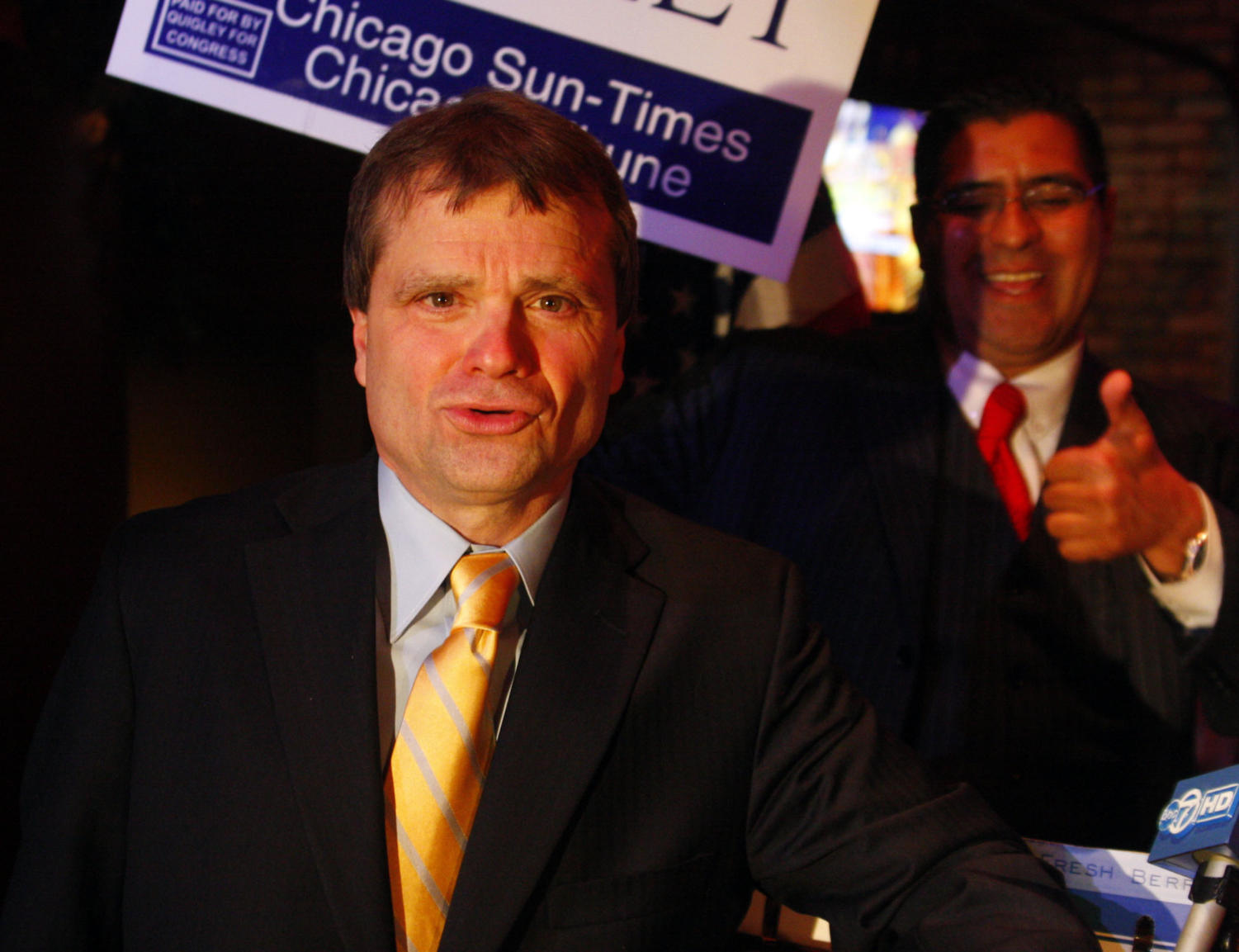 Mike Quigley breathes a sigh of relief after his victory speech for Illinois's 5th Congressional District Democrat primary Tuesday night at the Red Ivy bar and restaurant in Wrigleyville.