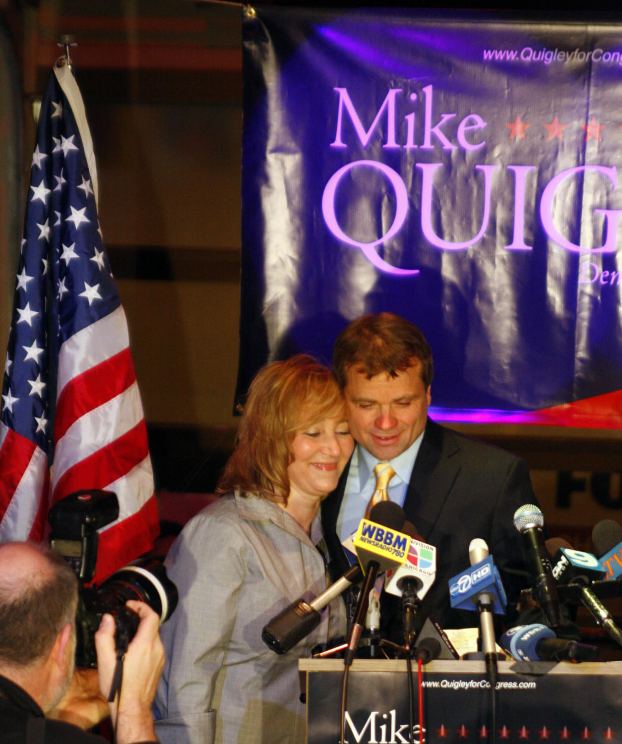 Mike Quigley embraces his wife, Barbara, during his victory speech for Illinois's 5th Congressional District Democrat primary Tuesday night at the Red Ivy bar and restaurant in Wrigleyville.