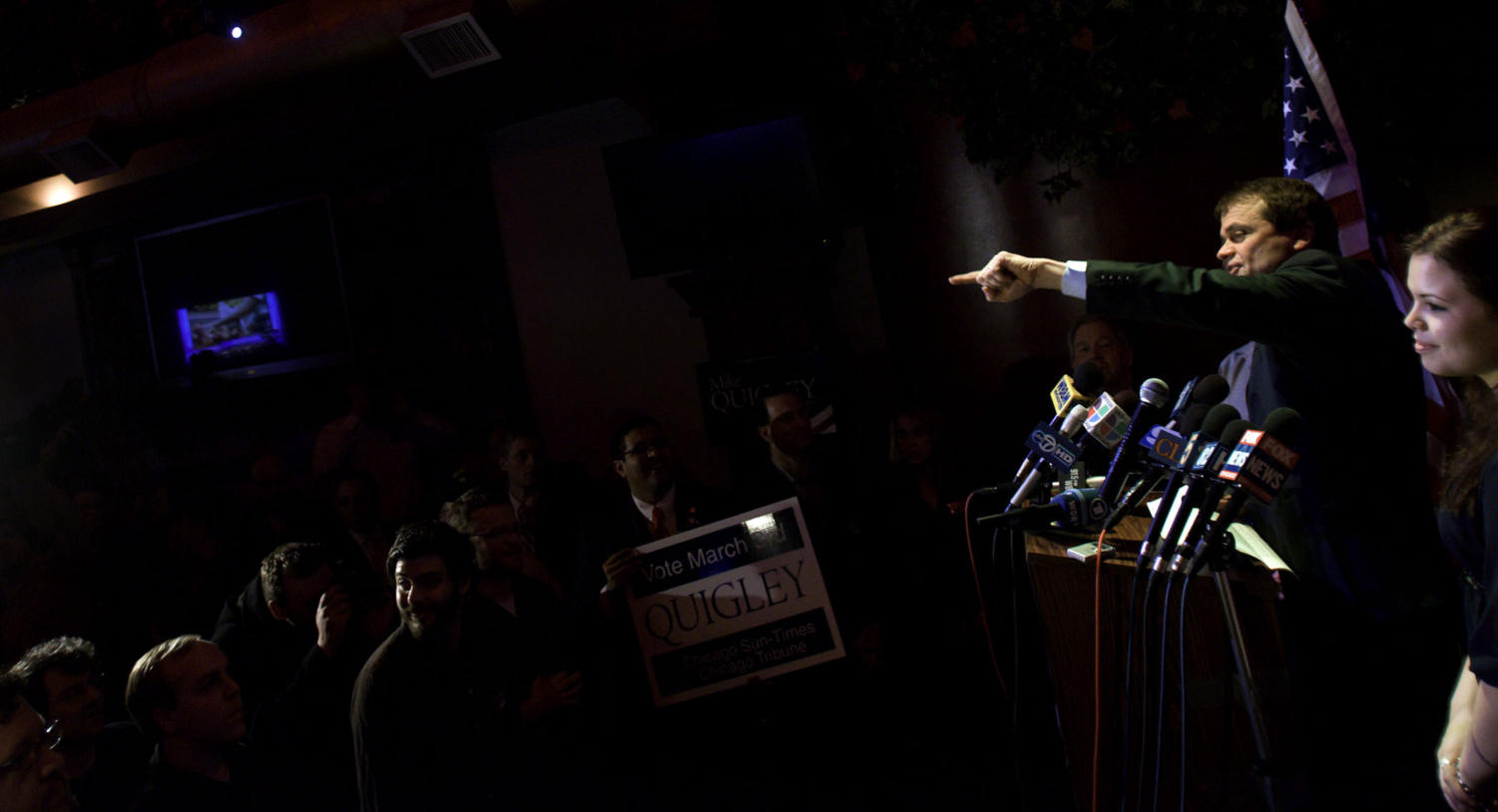 Mike Quigley delivers his victory speech at Wrigleyville brewery Red Ivy.