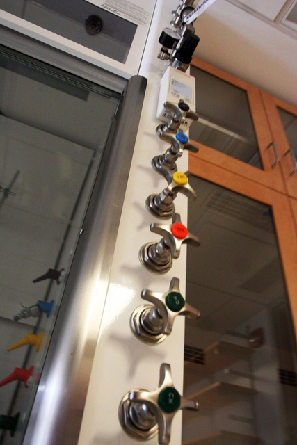 Close up of a set of gas valves in the Searle Chemistry Laboratory.