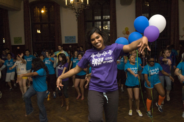 Third-year Sree Kode leads a Bhangra dance at Dance Marathon in Ida Noyes Hall last Saturday. The proceeds from the event went to xxxxxxxx.