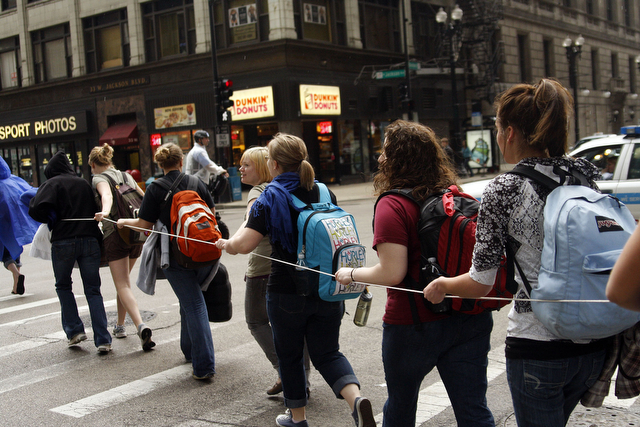 Participants march from Federal Plaza to Grant Park during Saturday's Invisible Children rally.