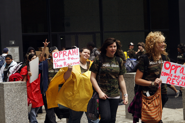 Participants gather at a rally held by Invisible Children. The event was held Saturday at the Federal Plaza.