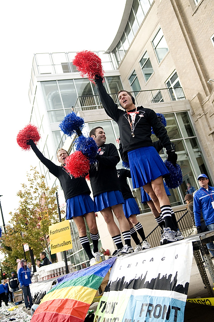 The Frontrunners cheered marathon participants through Boystown at the 2009 Chicago Marathon. The event took place on a cold and rainy Sunday. Runners followed a route from Grant Park all around the city.