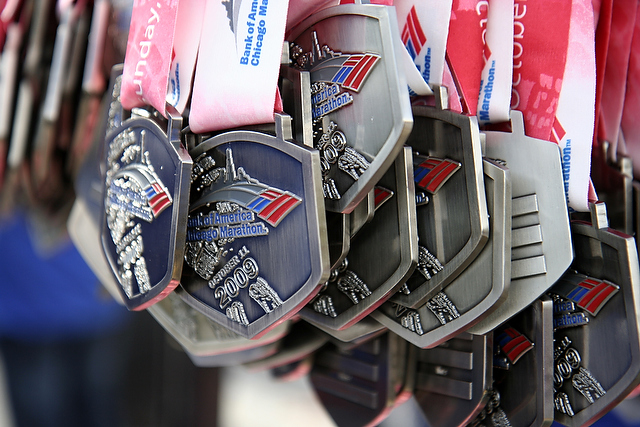 Medals for marathon finishers at the Chicago Marathon. 

Runners completed a course that began and ended at Grant Park and wound all around the city.