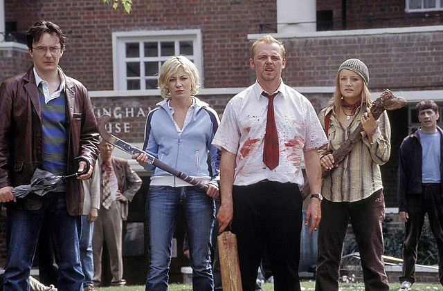 From left to right: Dylan Moran as David, Kate Ashfield as Liz, Simon Pegg as Shaun, and Lucy Davis as Dianne in Shaun of the Dead.
